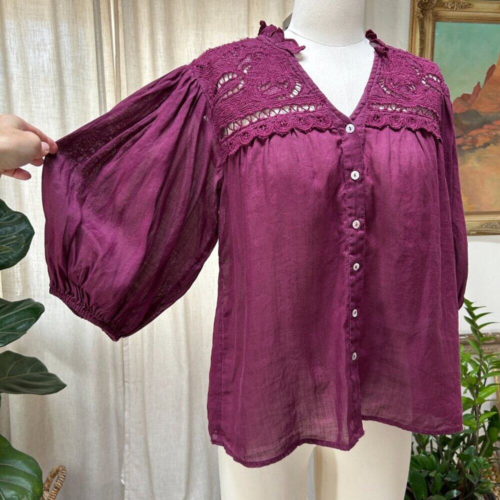 Boho Cottagecore Flowy‎ Lace Blouse Romantic Puff Sleeve Ramie Plum Sundance, XS